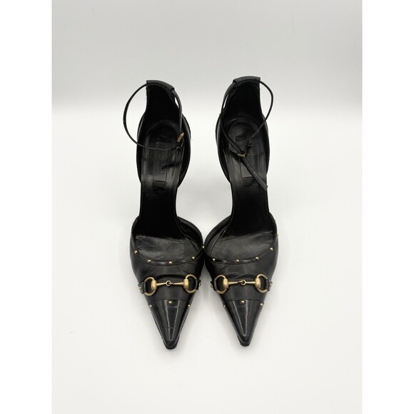 Gucci Shoes - Gucci Black Leather Horsebit Studded Pointed Toe Ankle Strap Heels Size EU 38